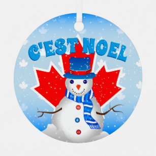 C'EST NOEL Canadian Maple Leaf Snowman Christmas Metal Ornament
