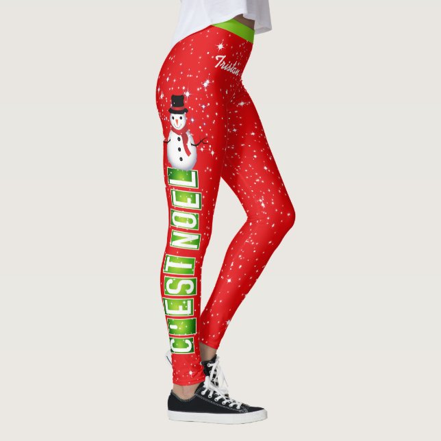 C'EST NOEL Snowman Christmas with Your Name on RED Leggings (Right)