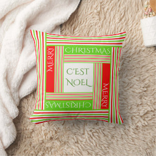 C'est Noel Striped Pattern / Merry Christmas (V2) Throw Pillow