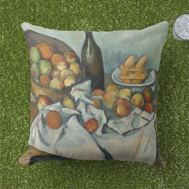 Cezanne Basket Apples Impressionism Art Outdoor Pillow (Grass)