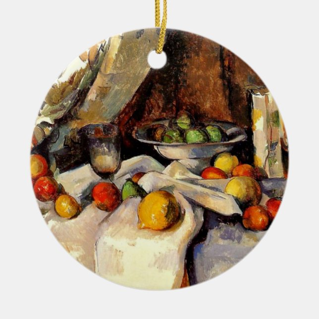 Cezanne - Still life, Post, Bottle, Cup and Fruit Ceramic Ornament (Front)