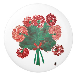CH Zinnias Red Bouquet Ceramic Knob