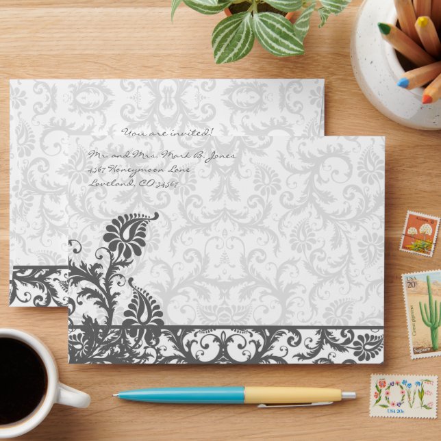 Chacoal Gray Damask Wedding Envelopes (Desk)