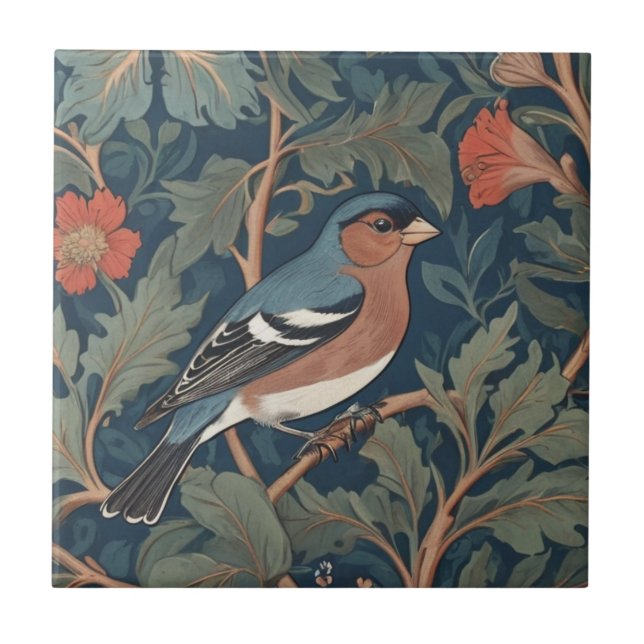 Chaffinch William Morris style Right facing Bird Ceramic Tile (Front)