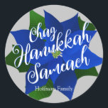Chag Hanukkah Sameach - Blue Poinsettia Hanukkah Classic Round Sticker<br><div class="desc">Blue Poinsettia Hanukkah classic round sticker with grey background and Chag Hanukkah Sameach(Happy Hanukkah Holiday) saying,  below is your family name which you can personalize. A beautiful sticker to close Hanukkah greeting card envelopes or to seal Hanukkah gifts.</div>