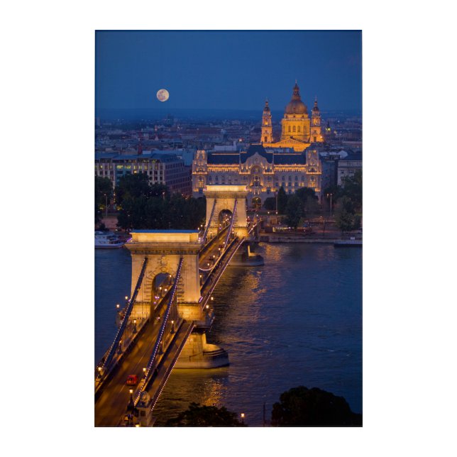 Chain Bridge and Full Moon at Night Acrylic Print (Front)