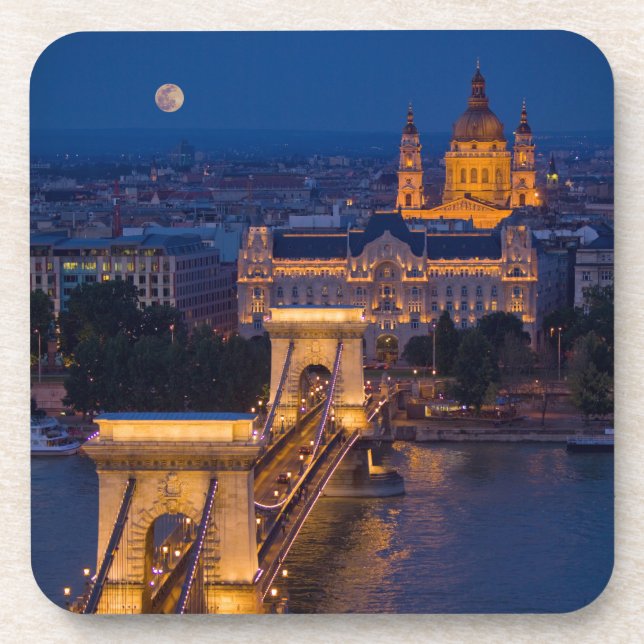 Chain Bridge and Full Moon at Night Beverage Coaster (Front)