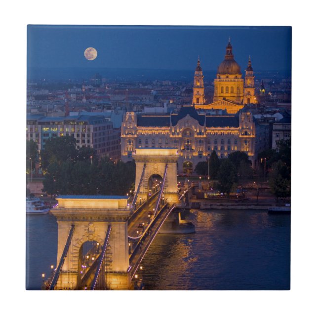Chain Bridge and Full Moon at Night Ceramic Tile (Front)