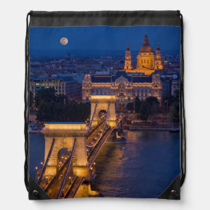 Chain Bridge and Full Moon at Night Drawstring Bag