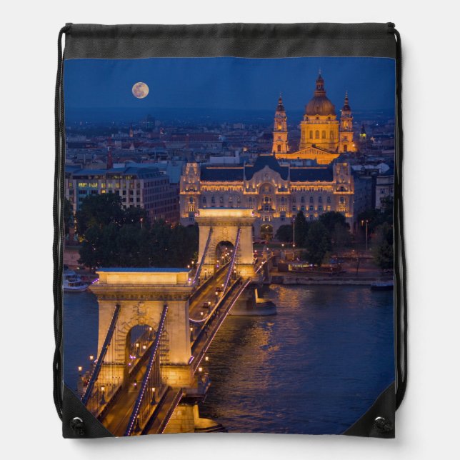 Chain Bridge and Full Moon at Night Drawstring Bag (Front)