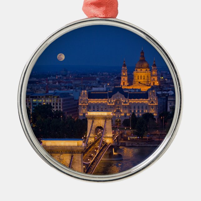 Chain Bridge and Full Moon at Night Metal Ornament (Front)