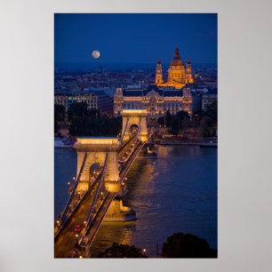 Chain Bridge and Full Moon at Night Poster