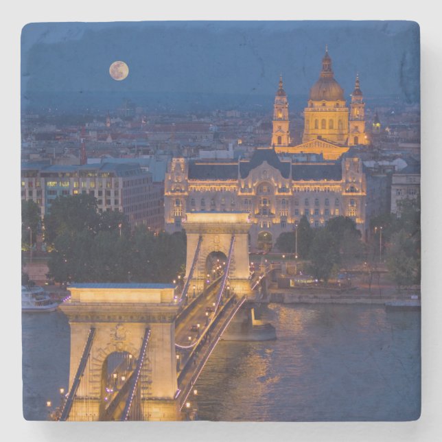 Chain Bridge and Full Moon at Night Stone Coaster (Front)
