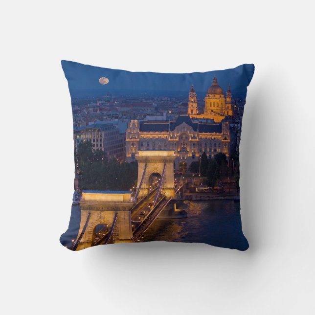 Chain Bridge and Full Moon at Night Throw Pillow (Front)