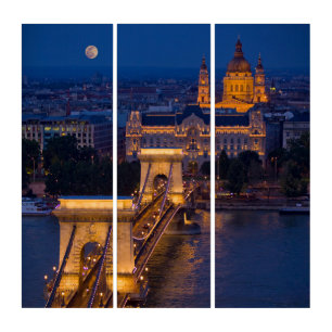 Chain Bridge and Full Moon at Night Triptych