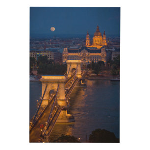 Chain Bridge and Full Moon at Night Wood Wall Art