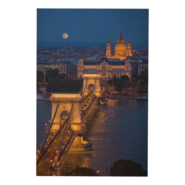 Chain Bridge and Full Moon at Night Wood Wall Art (Front)