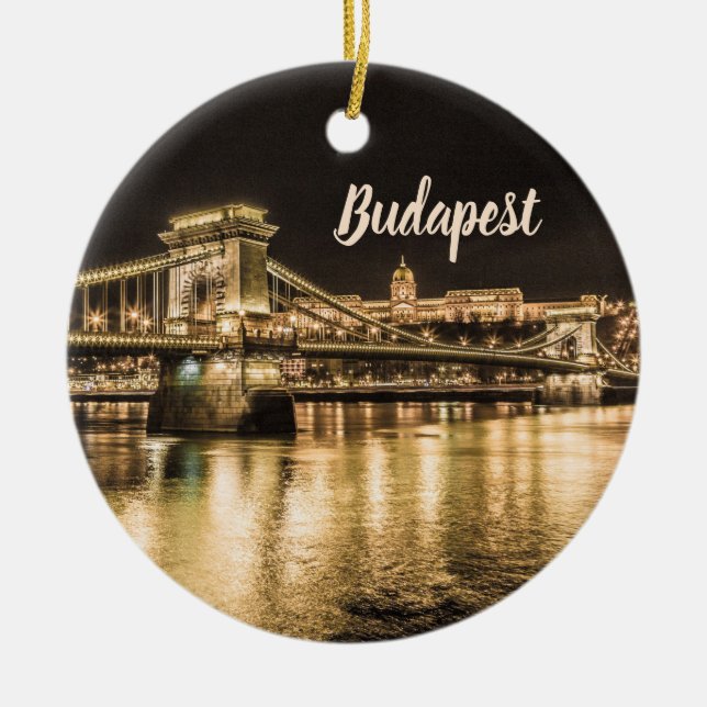 Chain Bridge Budapest at Night with Buda Castle Ceramic Ornament (Front)