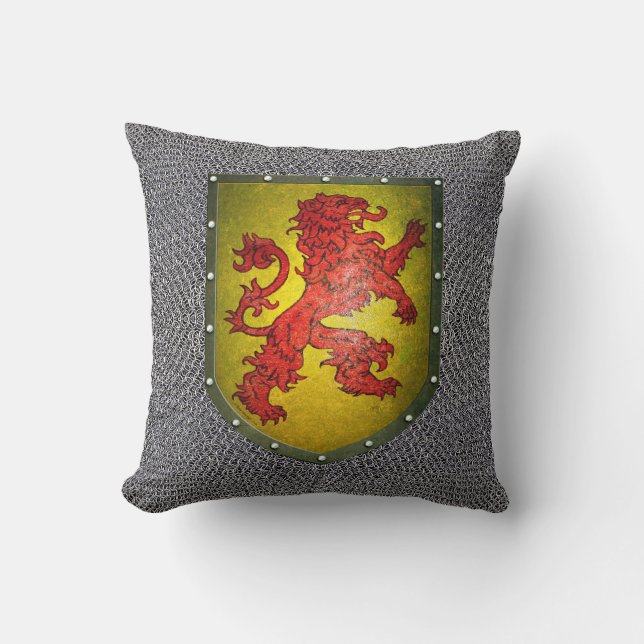 Chainmail Background  Metal Shield Red Lion Throw Pillow (Front)
