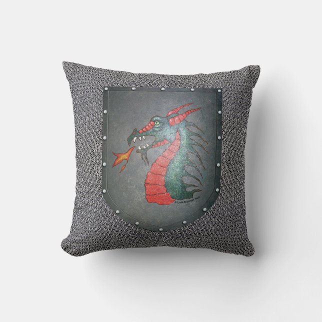 Chainmail Metal Shield Dragon Throw Pillow (Front)