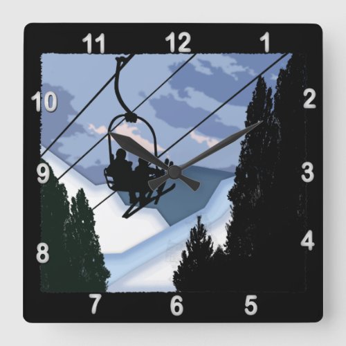 Chairlift Full of Skiers Square Wall Clock