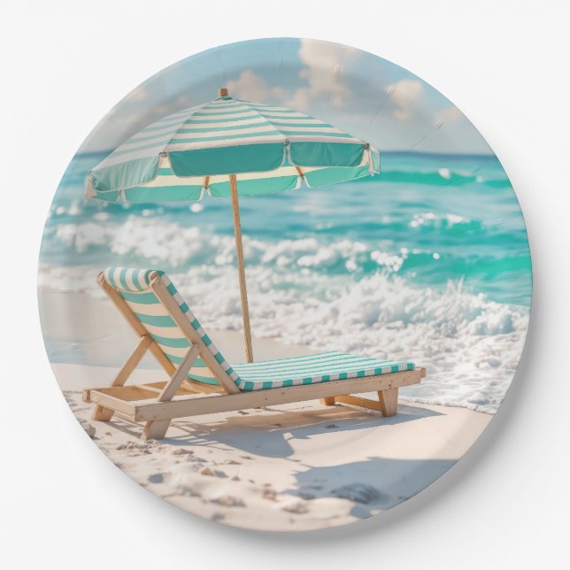 Chaise Lounge On White Ocean Sand Paper Plates (Front)