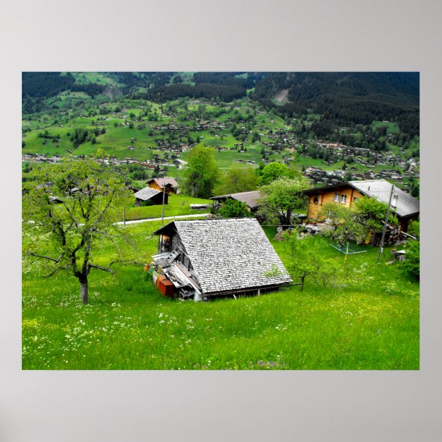 Chalets in an alpine valley in Switzerland Poster (Front)