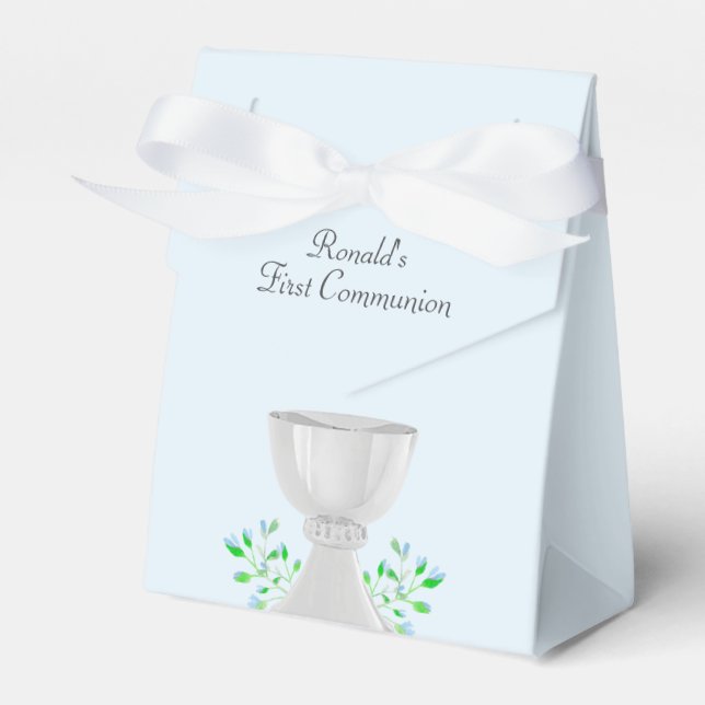Chalice and Blue Buds Greenery First Communion Favor Boxes (Front Side)