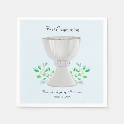 Chalice and Blue Buds Greenery First Communion Napkins