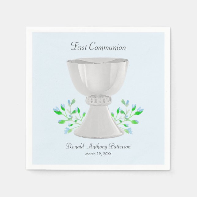 Chalice and Blue Buds Greenery First Communion Napkins (Front)