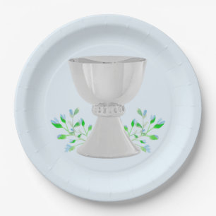 Chalice and Blue Buds Greenery First Communion Paper Plates