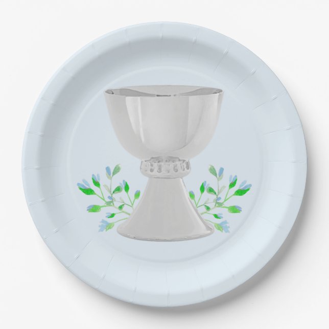 Chalice and Blue Buds Greenery First Communion Paper Plates (Front)