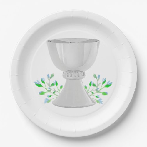 Chalice and Blue Buds Greenery First Communion Paper Plates