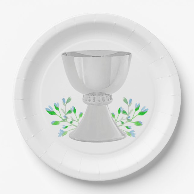 Chalice and Blue Buds Greenery First Communion Paper Plates (Front)