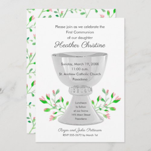 Chalice and Pink Buds First Communion Invitations
