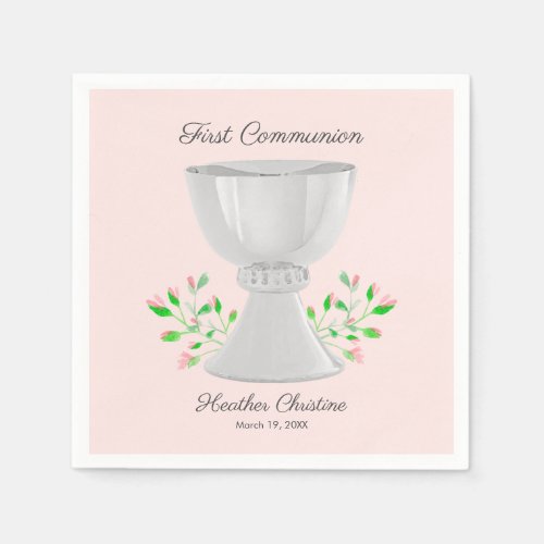 Chalice and Pink Buds Greenery First Communion Napkins