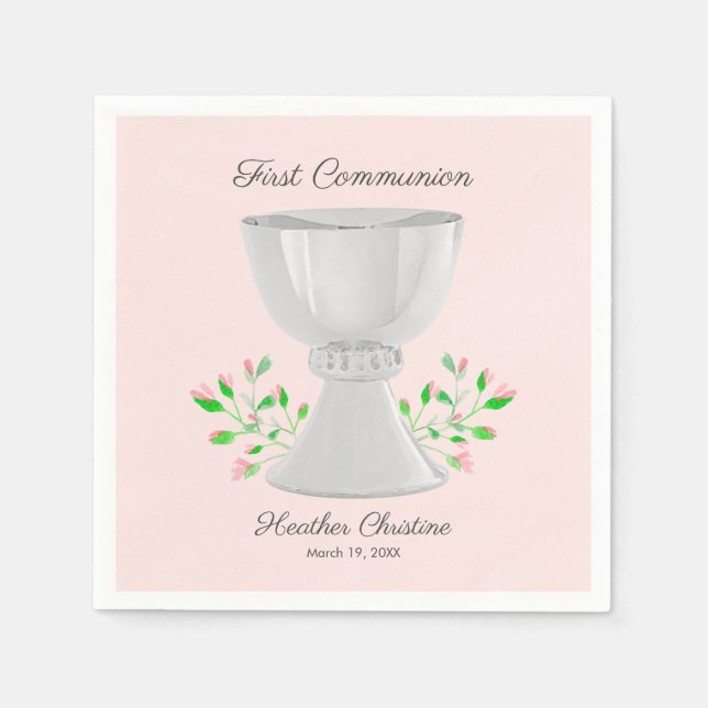 Chalice and Pink Buds Greenery First Communion Napkins (Front)