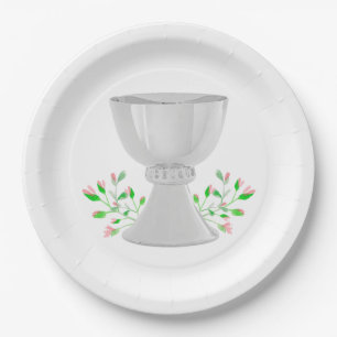 Chalice and Pink Buds Greenery First Communion Paper Plates