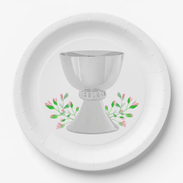 Chalice and Pink Buds Greenery First Communion Paper Plates (Front)