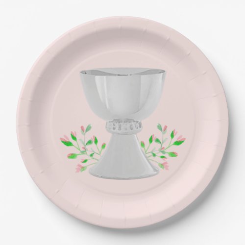 Chalice and Pink Buds Greenery First Communion Paper Plates