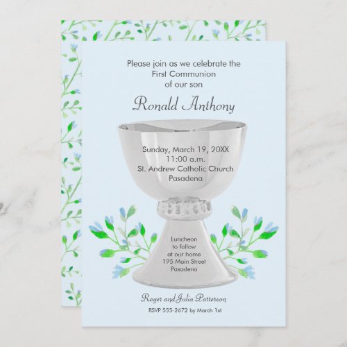 Chalice Floral Boy First Communion Invitations