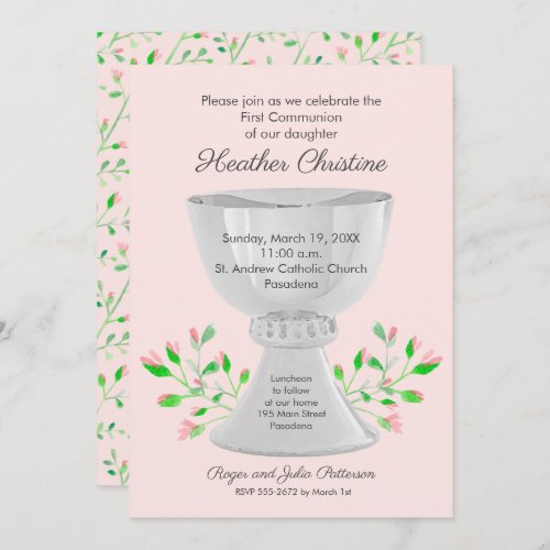 Chalice Floral Pink First Communion Invitations