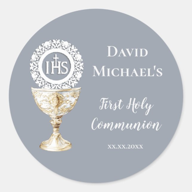 Chalice Host First Communion blue background Classic Round Sticker (Front)
