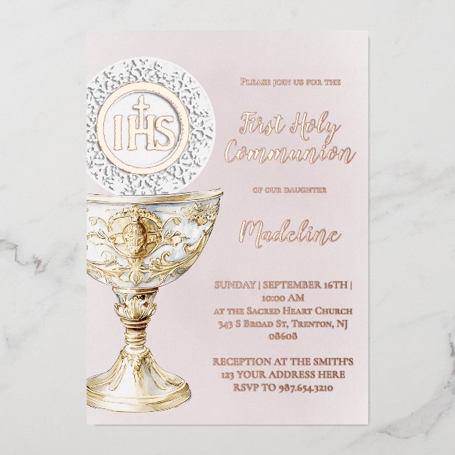 Chalice Host First Communion girl Foil Invitation (Front)
