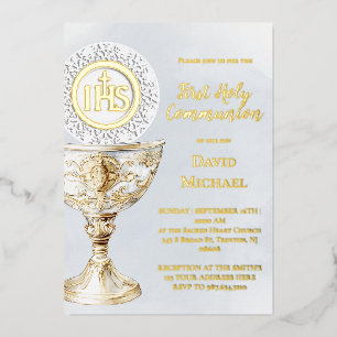 Chalice Host First Holy Communion blue watercolor Foil Invitation