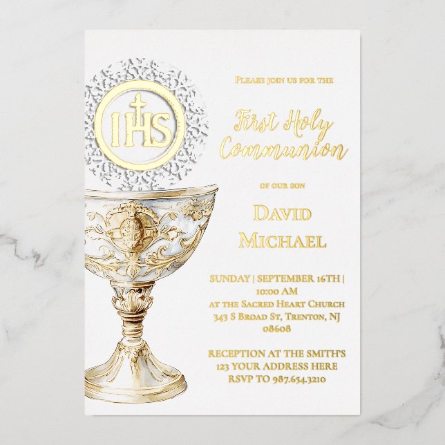 Chalice Host First Holy Communion Foil Invitation (Front)