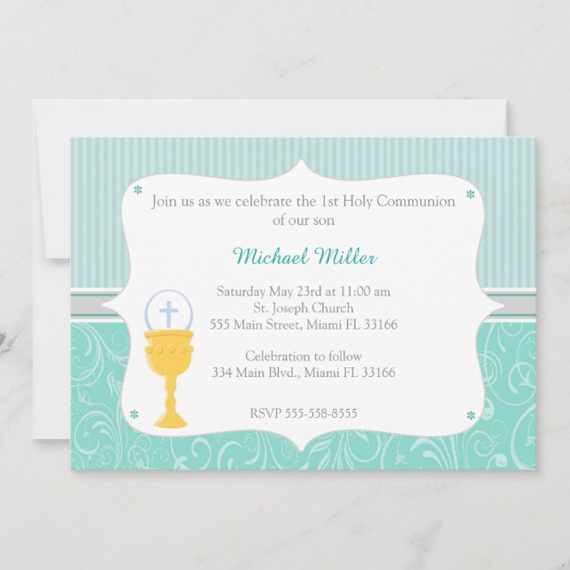Chalice Turquoise First Holy Communion Invitation (Front)