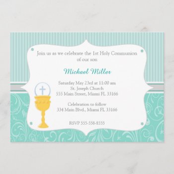 Chalice Turquoise First Holy Communion Invitation by pinkthecatdesign at Zazzle