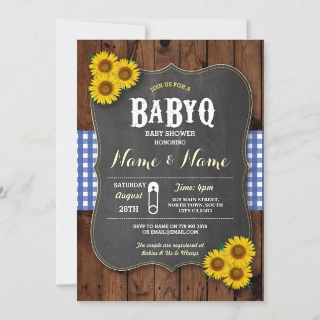 Chalk BaByQ BBQ Baby Shower Blue Wood Invite (Front)