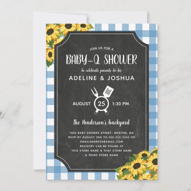 Chalk Blue Gingham Sunflower Boy Baby-Q Shower Invitation (Front)